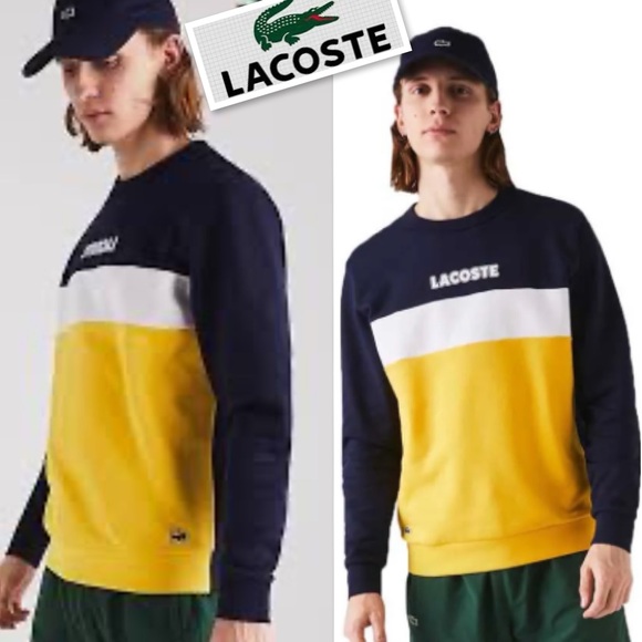 Lacoste NWT Men's Branded Color-block Crew Neck Sweatshirt Yellow